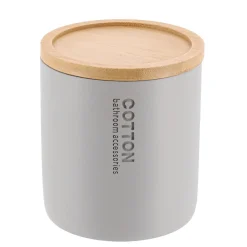 BOITE A COTON POLYRESINE COUVERCLE BAMBOU GRIS CLAIR