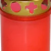 BOUGIE FUNERAIRE PLASTIQUE COUVERCLE METAL OR H.9CM ROUGE