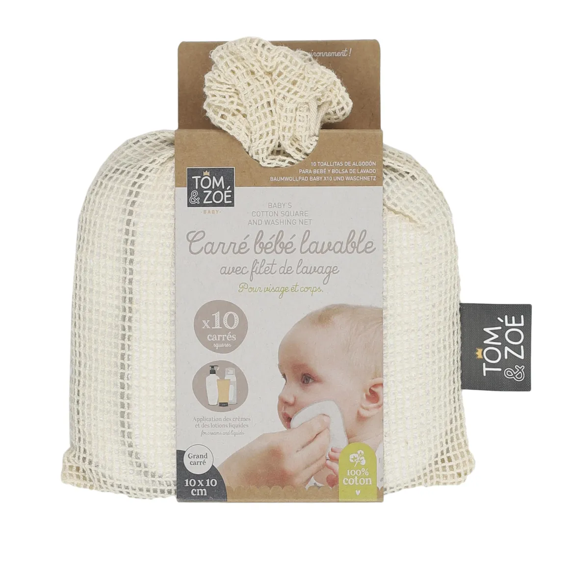 CARRE COTON BEBE X10 PIECES ET FILET DE LAVAGE