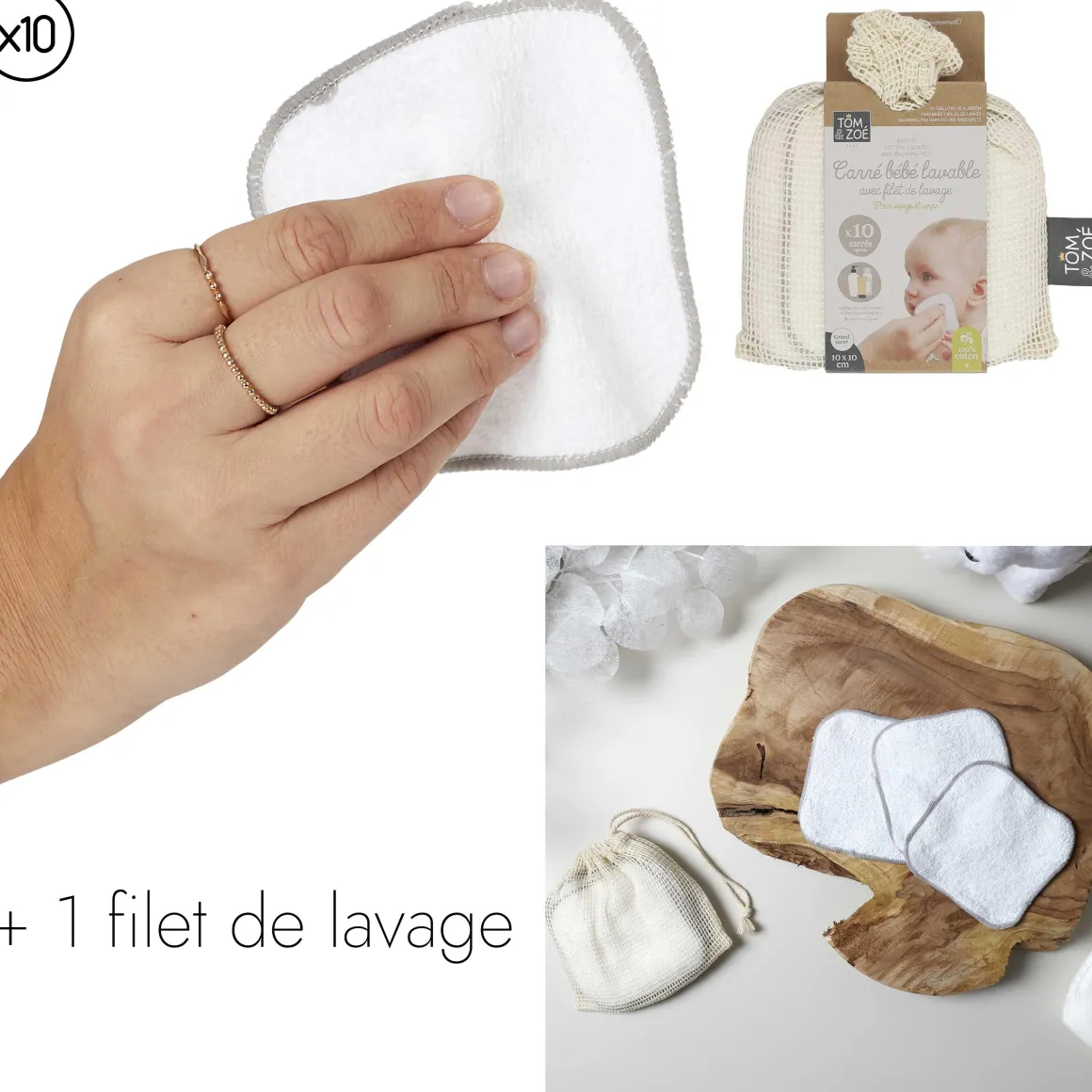 CARRE COTON BEBE X10 PIECES ET FILET DE LAVAGE