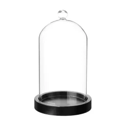 CLOCHE VERRE SOCLE BOIS H.19CM