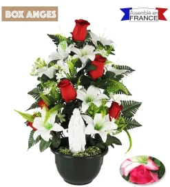 COMPOSITION 8 LYS ET 6 BOUTONS ROSES VIERGE H.63CM