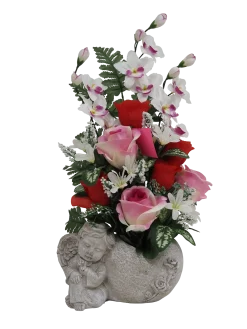 COMPOSITION ROSES ORCHIDEES ET FEUILLAGE H.52CM 2 COULEURS