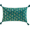 COUSSIN POMPONS 30X50CM VELOURS IMPRIME METALLISE EVIE BLEU