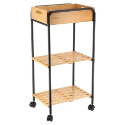 DESSERTE METAL SUR ROULETTES 1 NICHE 2 ETAGERES BAMBOU NOIR