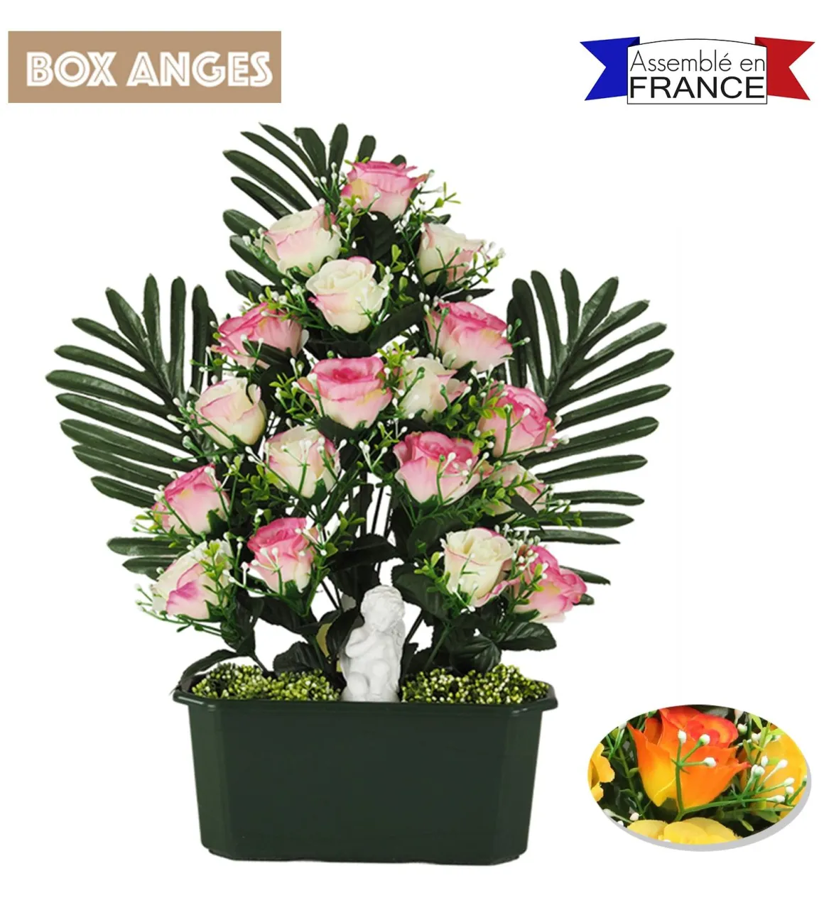 JARDINIERE BOUTONS ROSES PALMES ANGE H.52CM