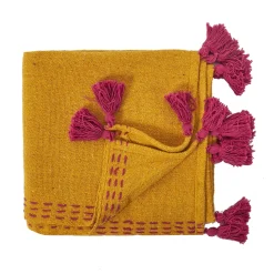 JETE DE CANAPE SURPIQUE POMPONS JAUNE 130X150CM