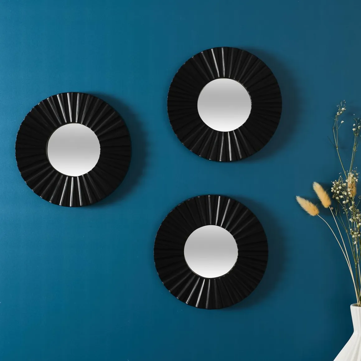 MIROIR ROND X3 PIECES NOIR ET DORE 21CM