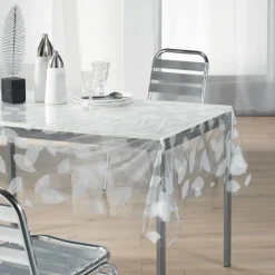 NAPPE CRISTAL 140X240CM PVC IMPRIME FEUILLE BLANC