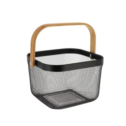 PANIER DE RANGEMENT CARRE METAL POIGNEE BAMBOU NOIR