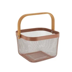 PANIER DE RANGEMENT CARRE METAL POIGNEE BAMBOU CARAMEL