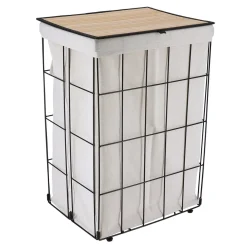 PANIERE A LINGE METAL PLIABLE COUVERCLE BAMBOU TISSU NATUREL