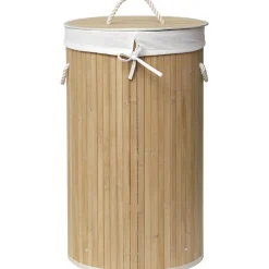 PANIERE A LINGE RONDE PLIABLE BAMBOU TISSU LIN