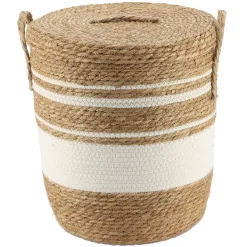 PANIERE COUVERCLE PAILLE COTON 37X43CM NATUREL BLANC