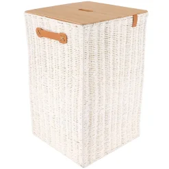 PANIERE LINGE PAPIER METAL COUVERCLE BAMBOU 33X33X53CM BLANC