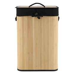 PANIERE LINGE RECTANGLE PLIABLE BAMBOU TISSU LIN NOIR