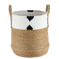 PANIERE RONDE COTON ET JONC DE MER 37X43CM NAT ET BLANC
