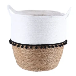 PANIERE RONDE DECO POMPONS D.32X38CM BLANC NATUREL