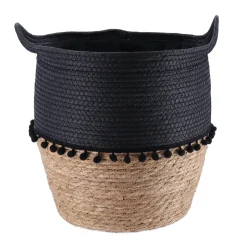 PANIERE RONDE DECO POMPONS D.32X38CM NOIR NATUREL