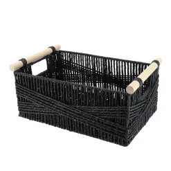 PANIER RECTANGLE PAPIER POIGNEE BOIS 34X23.5X14CM NOIR