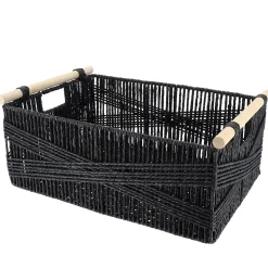 PANIER RECTANGLE PAPIER POIGNEE BOIS 44X31X17CM NOIR