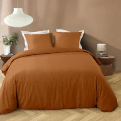 PARURE 240X220CM MICROFIBRE UNIE LAVEE LIAM CARAMEL