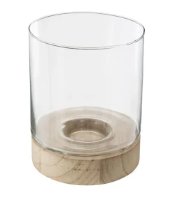 PHOTOPHORE VERRE ET BOIS D.16X20CM
