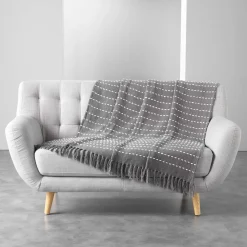 PLAID FRANGES 125X150CM COTON TISSE CAYENNE GRIS