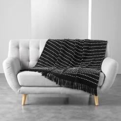 PLAID FRANGES 125X150CM COTON TISSE CAYENNE NOIR