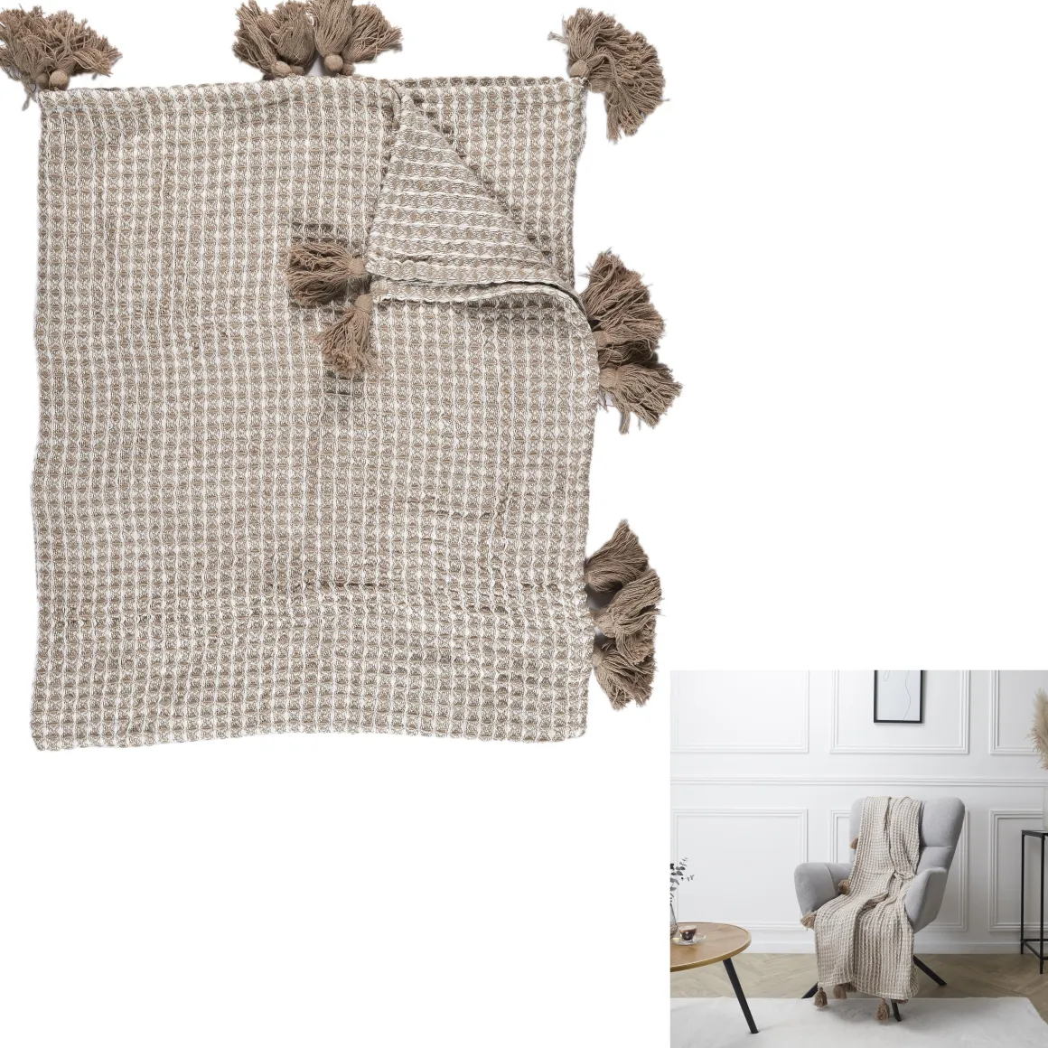 PLAID NID ABEILLE ET POMPONS BEIGE 150X125CM