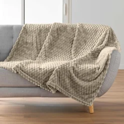 PLAID 125X150CM FLANELLE RELIEF UNIE MINI FROSTY TAUPE