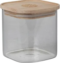 POT VERRE CARRE EMPILABLE COUVERCLE BOIS GRAVE H.10CM