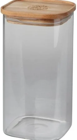 POT VERRE CARRE EMPILABLE COUVERCLE BOIS GRAVE H.25CM