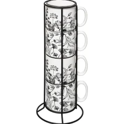 RACK 4 MUGS M WHITE FLORAL