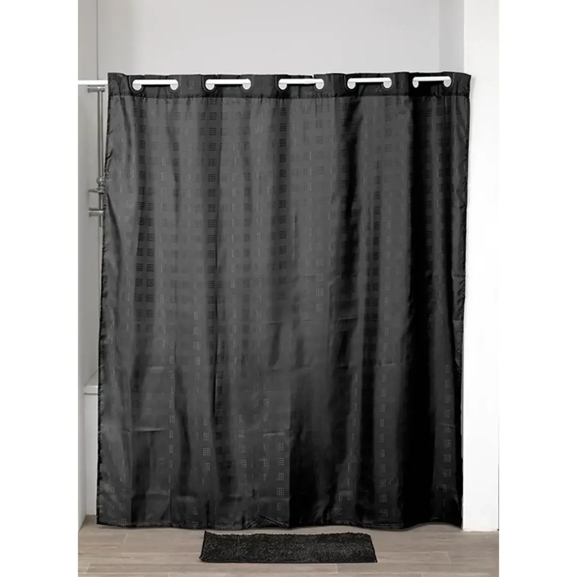 RIDEAU DE DOUCHE POLYESTER MOTIF CARRE ANNEAUX INTEGRES 180X