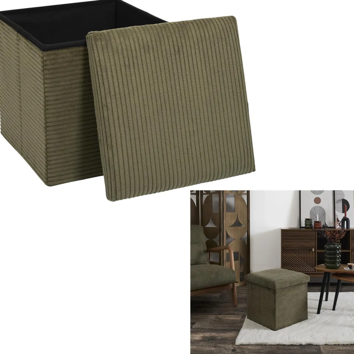 SCOTT COFFRE POUF PLIABLE COTELE VERT