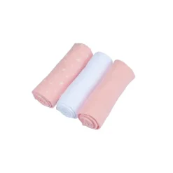 SET 3 LANGES GAZE DE COTON 70X70CM ROSE ET BLANC