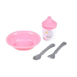 SET REPAS 4 PIECES AVEC ASSIETTE COUVERTS ET TASSE ROSE