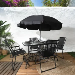 TABLE JARDIN RECTANGULAIRE 4 CHAISES ET PARASOL